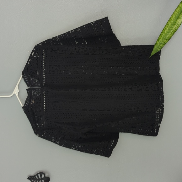 LOFT Brand Crochet Lace Floral Mock Neck Three Quarter Sleeve Top Large L - Picture 6 of 7